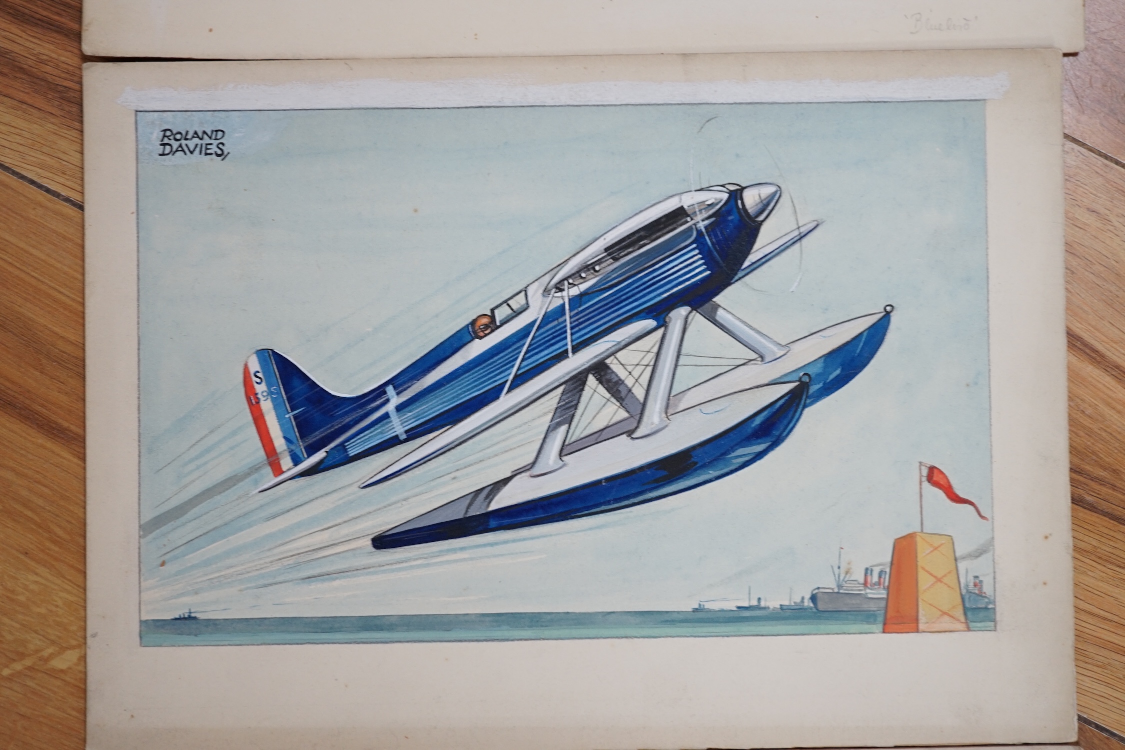 Roland Davies (1904-1993), three original watercolours for postcard designs, speed record holders, ‘Schneider Trophy Plane’, ‘Miss England Speedboat’ & ‘Bluebird’, each signed, unframed, 20 x 31cm. Condition - fair to go